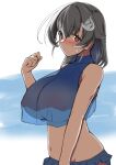  1girl bangs bikini black_hair blue_bikini blush breasts covered_nipples eyebrows_visible_through_hair frilled_sleeves frills hair_between_eyes hair_ornament huge_breasts jingei_(kancolle) kantai_collection long_hair red_eyes reta_su_gohan see-through solo sweat swimsuit upper_body 