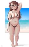  1girl bangs bikini breasts brown_hair closed_mouth commentary_request dot_nose eyebrows_visible_through_hair full_body glasses highres long_hair looking_at_viewer navel outside_border plump raised_eyebrows shadow shigekikkusu shiny shiny_hair signature skindentation solo standing swimsuit tagme tareme thick_thighs thighs 