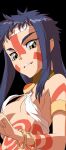  1girl bandages bangs black_background blue_hair bodypaint bracelet breasts commentary_request eyebrows_visible_through_hair face facepaint from_below grin headband highres jewelry long_hair looking_at_viewer nadeara_bukichi neo_ranga shimabara_yuuhi small_breasts smile solo teeth yellow_eyes 