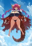  1girl barefoot breasts cape cleavage dragon_claw dragon_girl dragon_horns dragon_tail english_commentary enmanuelart20 flying highres horns huge_breasts iruru kobayashi-san_chi_no_maidragon looking_at_viewer red_eyes red_hair sharp_teeth short_stack sky slit_pupils smile strapless tail teeth thong tubetop twintails watermark 