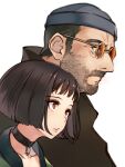  1boy 1girl bear bob_cut buzz_cut glasses headwear highres kakaobataa leon_(leon_the_professional) leon_the_professional mathilda_lando short_hair simple_background very_short_hair 