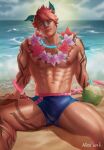  1boy abs absurdres aliast669 animal_ears arm_tattoo bandaid bandaid_on_nose bara bare_pectorals beach blue_male_swimwear bulge dark-skinned_male dark_skin erection erection_under_clothes feet_out_of_frame flower flower_necklace head_tilt highres jewelry kemonomimi_mode large_pectorals league_of_legends leg_tattoo looking_at_viewer male_focus male_swimwear muscular muscular_male navel necklace nipples official_alternate_costume orange_hair outdoors pectorals reward_available sand sett_(league_of_legends) short_hair solo spread_legs stomach sunset swim_briefs tattoo thick_thighs thighs 