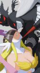 2girls angel_and_devil angewomon angry blonde_hair breasts cleavage clenched_teeth colored_skin covered_eyes digimon digimon_(creature) evil_smile eye_contact grey_hair grey_skin hand_on_another&#039;s_head helmet hexed highres ladydevimon long_hair looking_at_another mask medium_breasts multiple_girls red_eyes smile teeth 