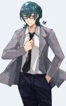  absurdres blue_eyes blue_hair byleth_(fire_emblem) byleth_(fire_emblem)_(male) fire_emblem fire_emblem:_three_houses formal glasses highres looking_at_viewer mullet necktie simple_background solo suit teacher 