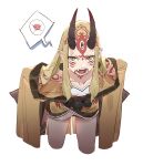  1girl anger_vein angry blonde_hair breasts collarbone cropped_legs earrings facial_mark fang fate/grand_order fate_(series) forehead_mark highres hit-kun horns ibaraki_douji_(fate) japanese_clothes jewelry kimono leaning_forward long_hair looking_at_viewer oni oni_horns open_mouth pointy_ears short_kimono simple_background small_breasts solo tattoo teeth white_background wide_sleeves yellow_eyes yellow_kimono 