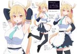  1girl apron aqua_neckwear armpits bangs black_legwear blonde_hair breasts character_sheet clenched_hands colored_tips commentary_request dragon_girl dragon_horns elbow_gloves eyebrows_visible_through_hair gloves hair_ribbon hand_on_hip horns jumping kobayashi-san_chi_no_maidragon kuro293939_(rasberry) large_breasts long_hair looking_at_viewer looking_back looking_to_the_side maid maid_apron maid_headdress multicolored_hair multiple_views necktie one_eye_closed open_mouth orange_eyes orange_hair red_ribbon ribbon simple_background smile text_focus thighhighs tohru_(maidragon) translation_request twintails two-tone_hair v white_background white_gloves zettai_ryouiki 