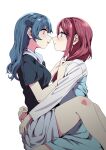  2girls absurdres ass_grab black_shirt blue_hair dress ecoman eye_contact from_side hair_bun hands_on_another&#039;s_chest highres hug long_hair long_sleeves looking_at_another love_live! love_live!_sunshine!! multiple_girls open_mouth pink_eyes red_hair sakurauchi_riko shirt short_sleeves sitting sitting_on_lap sitting_on_person smile tsushima_yoshiko white_background yellow_eyes yuri 