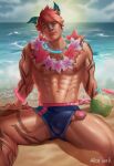  1boy abs aliast669 animal_ears arm_tattoo bandaid bandaid_on_nose bara bare_pectorals beach blue_male_swimwear bulge dark-skinned_male dark_skin erection erection_under_clothes feet_out_of_frame flower flower_necklace head_tilt highres jewelry kemonomimi_mode large_pectorals league_of_legends leg_tattoo looking_at_viewer male_focus male_swimwear muscular muscular_male navel necklace nipples official_alternate_costume orange_hair outdoors pectorals penis_peek reward_available sand sett_(league_of_legends) short_hair solo spread_legs stomach sunset swim_briefs tattoo thick_thighs thighs uncensored 