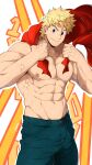  1boy abs absurdres alternate_hairstyle bara blonde_hair blue_eyes boku_no_hero_academia cape green_pants highres kuroshinki large_pectorals looking_at_viewer male_focus messy_hair muscular muscular_male navel nipples pants pectorals red_cape shirtless short_hair smile solo spiked_hair stomach togata_mirio veins 