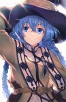  1girl backlighting belt blue_eyes blue_hair braid hair_between_eyes hand_on_headwear hat highres long_braid looking_at_viewer mushoku_tensei roxy_migurdia smile solo twin_braids twintails upper_body white_background witch_hat yano_takumi 