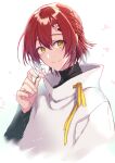 1boy androgynous black_sweater closed_mouth flower hair_flower hair_ornament hanasaki_miyabi highres holding holding_flower holostars looking_at_viewer male_focus pink_flower pochi_(pochi-goya) red_hair short_hair smile solo sweater upper_body white_background yellow_eyes 