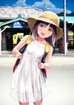  1girl backpack bag bangs bare_shoulders blue_sky blurry blurry_background blush brown_eyes brown_hair chikuwa_(odennabe) cloud collarbone dress hat leaning_to_the_side looking_at_viewer medium_hair open_mouth original outdoors sky sleeveless sleeveless_dress smile solo standing sun_hat sundress train_station white_dress 
