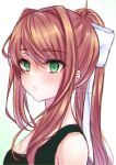  1girl absurdres alternate_costume artist_name bangs black_tank_top bow breasts brown_hair cleavage doki_doki_literature_club eyebrows_visible_through_hair green_eyes highres long_hair medium_breasts mi_tarou0412 monika_(doki_doki_literature_club) open_mouth ponytail simple_background solo tank_top white_bow 