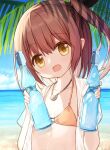  1girl :d bikini black_ribbon bottle brown_bikini brown_hair collarbone commentary_request day hair_ribbon hands_up head_tilt holding holding_bottle horizon long_hair lucena_winter ocean one_side_up open_clothes open_mouth open_shirt original outdoors palm_tree ramune ribbon shirt short_sleeves smile solo swimsuit tree upper_body water white_shirt yellow_eyes yuuhagi_(amaretto-no-natsu) 