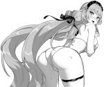  1girl azur_lane bikini blush from_behind greyscale hair_ornament hairclip hori_(hori_no_su) long_hair looking_back low-tied_long_hair maid_bikini maid_headdress mole mole_under_mouth monochrome official_alternate_costume official_art string_bikini swiftsure_(azur_lane) swiftsure_(midsummer_special_service)_(azur_lane) swimsuit 