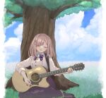  :3 acoustic_guitar blush bow brooch center_frills closed_eyes cloud frills grass guitar hair_ornament highres instrument jewelry konjiki_ginbe medium_hair music nijisanji no_shoes playing_instrument singing sitting skirt sky smile striped striped_bow striped_legwear striped_skirt suzuhara_lulu tree vertical-striped_legwear vertical_stripes virtual_youtuber x_hair_ornament yokozuwari 