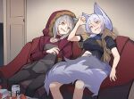  2girls :d animal_ears arknights bangs beer_can black_legwear black_shirt blush breasts can chinese_commentary commentary_request dress drunk feet_out_of_frame fur-trimmed_jacket fur_trim grey_dress grey_hair hand_up hood hooded_jacket indoors jacket large_breasts large_tail long_sleeves multiple_girls nian open_clothes open_jacket open_mouth pantyhose projekt_red_(arknights) provence_(arknights) red_jacket shirt short_dress short_hair short_sleeves sitting smile tail torn_clothes wolf_ears wolf_tail yellow_eyes 
