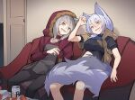  2girls :d animal_ears arknights bangs beer_can black_legwear black_shirt blush breasts can dress drunk feet_out_of_frame fur-trimmed_jacket fur_trim grey_dress grey_hair hand_up hood hooded_jacket indoors jacket large_breasts large_tail long_sleeves multiple_girls nian open_clothes open_jacket open_mouth pantyhose projekt_red_(arknights) provence_(arknights) red_jacket shirt short_dress short_hair short_sleeves sitting smile tail torn_clothes wolf_ears wolf_tail yellow_eyes 