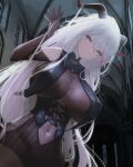  1girl absurdres aegir_(azur_lane) arm_up azur_lane bangs bare_shoulders bbolalus black_cape bodystocking breast_curtains breasts cape cathedral clothing_cutout demon_horns dutch_angle highres horns indoors large_breasts long_hair multicolored_hair navel navel_cutout pale_skin streaked_hair very_long_hair white_hair yellow_eyes 