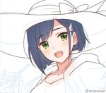  1girl artist_name blue_hair breasts cup darling_in_the_franxx drinking_glass drinking_straw eyebrows_visible_through_hair green_eyes hair_ornament hairclip hat hood hoodie ichigo_(darling_in_the_franxx) mizu_no open_mouth short_hair small_breasts smile solo 