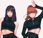  2girls absurdres animification bangs black_hair black_shorts black_sweater blue_eyes blush breasts brown_hair commentary crop_top eyebrows_visible_through_hair fancy_(song) highres homuntan k-pop leaning_to_the_side long_hair looking_to_the_side looking_up medium_breasts mina_(twice) momo_(twice) multiple_girls open_hand parted_lips ponytail real_life shorts sweater symbol-only_commentary twice_(group) 