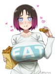  1girl :t bag black_hair blue_eyes breasts clothes_writing collarbone commentary eating elma_(maidragon) english_text eyes_visible_through_hair food gradient_hair heart heart-shaped_pupils kobayashi-san_chi_no_maidragon large_breasts long_sleeves looking_at_viewer multicolored_hair paper_bag pink_hair shirt short_hair simple_background solo symbol-shaped_pupils taiyaki twitter_username twrlare upper_body wagashi white_background white_shirt 