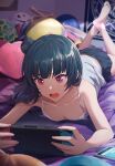  1girl bangs birthday breasts camisole cellphone cleavage collarbone commentary_request dark_blue_hair game_console hair_bun handheld_game_console holding holding_handheld_game_console indoors love_live! love_live!_sunshine!! lying nintendo_switch on_stomach open_mouth phone playing_games purple_eyes shamakho signature sleeveless small_breasts smartphone solo tsushima_yoshiko 