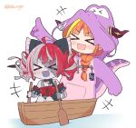  &gt;_&lt; 2girls animal_costume blush_stickers boat chibi closed_eyes commentary cosplay dragon_costume dragon_girl english_commentary hololive kigurumi kiryu_coco kukie-nyan kureiji_ollie minecraft multiple_girls open_mouth smile twitter_username virtual_youtuber watercraft zombie |d 