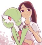  2girls absurdres arm_around_waist artist_self-insert backlighting bangs bella_(bellavoirr) bellavoirr bob_cut brown_eyes brown_hair closed_mouth collarbone colored_skin commentary dark-skinned_female dark_skin dot_mouth english_commentary flat_chest gardevoir gen_3_pokemon green_hair green_skin grey_shirt hair_over_one_eye half-closed_eyes hand_up happy highres holding_hands hug interlocked_fingers interspecies long_hair looking_at_viewer looking_away looking_to_the_side multicolored multicolored_skin multiple_girls original pleated_skirt pokemon pokemon_(creature) ponytail red_eyes red_skirt shirt short_hair short_sleeves simple_background sketch skirt smile standing tied_hair two-tone_skin upper_body white_background white_skin yuri 