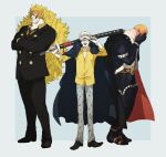  3boys absurdres beard big_hair blonde_hair blush boots closed_eyes closed_mouth collared_shirt cosplay covered_face crossed_arms diez_barrels embarrassed facial_hair facing_viewer formal full-face_blush full_body gloves hands_on_own_face hat height_difference highres holding holding_sword holding_weapon jacket long_hair long_sleeves male_focus mature_male multiple_boys mustache necktie one_piece open_mouth over_shoulder pants sanji sanji_(cosplay) scabbard sheath sheathed shirt shiso_i4 shoes short_hair sideburns smile standing suit suit_jacket sword thigh_boots thighhighs trafalgar_law trafalgar_law_(cosplay) very_long_hair very_short_hair vinsmoke_judge weapon weapon_over_shoulder wing_collar x_drake x_drake_(cosplay) 