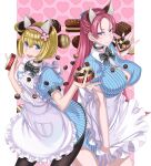  2girls :d ahoge animal_ears apron black_choker blonde_hair blue_eyes blue_shirt blush bob_cut box box_of_chocolates braid breasts chocolate choker closed_mouth cosette_coalhearth earrings embarrassed eyebrows_visible_through_hair french_braid hairband heart-shaped_box honjou_raita jewelry juliana_eberhardt kemonomimi_mode large_breasts long_hair looking_at_viewer medium_hair multiple_girls open_mouth pink_hair puffy_short_sleeves puffy_sleeves senjou_no_valkyria_(series) senjou_no_valkyria_2 shirt short_sleeves small_breasts smile standing waist_apron white_apron 