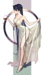  1girl alcohol bangs bare_shoulders blush breasts cleavage collarbone cup demon_horns dress drinking_glass full_body high_heels highres horns long_hair original solo white_dress wine wine_glass yyydddd0 