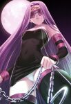  1girl absurdres armpits bare_shoulders black_dress blindfold breasts chain collar collarbone detached_sleeves dress facing_viewer fate/stay_night fate_(series) from_below highres long_hair medium_breasts medusa_(fate) medusa_(rider)_(fate) navel panties pantyshot purple_hair scan solo strapless strapless_dress thighhighs tony_taka underwear very_long_hair 