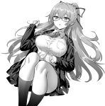  1girl azur_lane breast_pocket breasts glasses greyscale hair_ribbon hori_(hori_no_su) jacket large_breasts legs_together long_hair long_sleeves lying mole mole_under_mouth monochrome necktie official_alternate_costume official_art on_back open_clothes open_jacket pleated_skirt pocket ponytail ribbon school_uniform skirt socks swiftsure_(azur_lane) swiftsure_(secluded_cyclamen)_(azur_lane) very_long_hair 