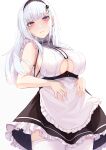  1girl absurdres apron azur_lane blue_hair blush breasts closed_mouth dido_(azur_lane) eyebrows_visible_through_hair from_behind hairband highres kazuha_(saku_kn) large_breasts long_hair looking_at_viewer maid maid_apron purple_eyes solo standing thighhighs underboob unhappy white_background white_legwear 