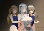  404_(girls&#039;_frontline) 4girls aphrodite_(shuumatsu_no_valkyrie) aphrodite_(shuumatsu_no_valkyrie)_(cosplay) bangs blue_swimsuit blunt_bangs breast_lift breasts brick_wall brown_eyes brown_hair butterfly_hair_ornament clenched_hand cosplay faceless faceless_female g11_(girls&#039;_frontline) girls&#039;_frontline gradient gradient_background greek_clothes green_eyes hair_ornament highres hk416_(girls&#039;_frontline) huge_breasts long_hair multiple_girls one_eye_closed parody scar scar_across_eye scarf school_swimsuit shuumatsu_no_valkyrie side_ponytail silver_hair small_breasts swimsuit teardrop_tattoo twintails ump45_(girls&#039;_frontline) ump9_(girls&#039;_frontline) xperiajoker yellow_eyes 
