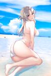  1girl :d ass bare_arms bare_legs bare_shoulders barefoot blue_sky breasts from_behind grey_hair highres large_breasts long_hair looking_at_viewer looking_back open_mouth original outdoors pochi_(pochi-goya) purple_eyes sky smile solo 