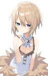  1girl absurdres bare_shoulders blanc blue_eyes brown_hair buran_buta coat dress flat_chest hair_between_eyes highres looking_at_viewer neptune_(series) off_shoulder short_hair simple_background solo white_background white_dress 