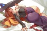  1girl ass bare_shoulders black_sleeves breasts brown_eyes brown_hair dragon&#039;s_crown hat highres huge_breasts kazo light_smile long_hair looking_at_viewer looking_back lying on_side solo sorceress_(dragon&#039;s_crown) twisted_torso witch_hat 