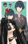  ! !! 1boy 1girl absurdres alternate_costume armor bangs bare_shoulders bikini black_armor black_bikini black_gloves black_jacket black_swimsuit blue_eyes blue_hair breasts brown_hair byleth_(fire_emblem) byleth_(fire_emblem)_(female) byleth_(fire_emblem)_(male) chibi cleavage closed_mouth cold eyebrows_visible_through_hair fire_emblem fire_emblem:_three_houses fire_emblem_heroes flower gloves hair_flower hair_ornament highres jacket jacket_on_shoulders looking_at_another medium_breasts medium_hair navel official_alternate_costume red_flower short_hair speech_bubble swimsuit zuzu_(ywpd8853) 