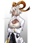  1girl animal_ears arknights artist_name breasts carnelian_(arknights) cleavage cleavage_cutout closed_mouth clothing_cutout crossed_arms dark-skinned_female dark_skin deathalice eyebrows_visible_through_hair eyes_visible_through_hair gradient gradient_background grey_background highres horns large_breasts long_sleeves looking_to_the_side red_eyes short_hair solo twitter_username two-tone_background white_hair 