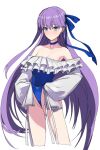  1girl bangs bare_shoulders blue_eyes blue_ribbon blush breasts choker collarbone fate/grand_order fate_(series) frills hair_ribbon highleg highleg_swimsuit highres long_hair long_sleeves looking_at_viewer meltryllis_(fate) meltryllis_(swimsuit_lancer)_(fate) off-shoulder_swimsuit off_shoulder one-piece_swimsuit puffy_sleeves purple_hair ribbon sleeves_past_fingers sleeves_past_wrists small_breasts solo swimsuit thighs very_long_hair wedgie white_ribbon ysmmzr 