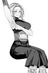 1girl absurdres armpits blush boku_no_hero_academia breasts dress greyscale hand_up highres invisible_chair lady_nagant large_breasts long_dress looking_at_viewer medium_hair monochrome multicolored_hair presenting_armpit ratatatat74 simple_background sitting smile solo spread_armpit streaked_hair underbust white_background 