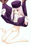  1boy 1girl :o absurdres albino assisted_exposure bangs barefoot blush buttons capelet coat coat_lift colored_skin fate/stay_night fate_(series) flat_chest full_body gloves grey_skin groin hat heracles_(fate) highres illyasviel_von_einzbern legs long_hair long_sleeves navel no_panties open_mouth petite purple_headwear red_eyes scan scarf simple_background sitting size_difference solo_focus surprised surprised_arms tony_taka undressing wariza white_background white_gloves white_hair white_scarf 