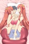  2girls bare_shoulders bed_sheet blank_eyes bra breast_press breasts commentary commission dakimakura_(object) english_commentary hair_between_eyes hair_ornament hair_tubes hairclip jewelry kurusu_kimihito lamia large_breasts light_blush lindaroze long_hair lying maebari mature_female miia&#039;s_mother miia_(monster_musume) monster_girl monster_musume_no_iru_nichijou mother_and_daughter multiple_girls on_bed on_side open_mouth pillow pillow_grab pointy_ears red_bra red_hair scales smirk smug symmetrical_docking tail tongue tongue_out underwear yellow_eyes 