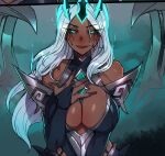  1girl bare_shoulders black_gloves black_sclera blue_background blue_eyes blue_hair breasts bridal_gauntlets colored_sclera dark-skinned_female dark_skin elbow_gloves gloves glowing glowing_eyes gradient_hair grey_hair hand_up heart heart-shaped_pupils highres karma_(league_of_legends) large_breasts league_of_legends long_hair looking_at_viewer multicolored_hair parted_lips ratatatat74 runny_makeup smile solo standing symbol-shaped_pupils upper_body wings 