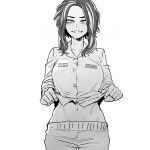  1girl absurdres blush boku_no_hero_academia clothes_lift cowboy_shot fingers greyscale highres lady_nagant lifted_by_self long_sleeves looking_at_viewer medium_hair midriff monochrome multicolored_hair navel pants ratatatat74 shirt_lift simple_background smile solo standing streaked_hair sweat white_background 