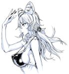  1girl animal_ears blue_theme breasts from_side hand_up honjou_raita long_hair monochrome original parted_lips perky_breasts profile simple_background skinny solo upper_body white_background 