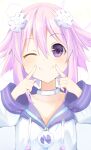  1girl absurdres bangs bimmy blush choker d-pad d-pad_hair_ornament eyebrows_visible_through_hair hair_between_eyes hair_flaps hair_ornament highres hood hoodie looking_at_viewer neptune_(neptune_series) neptune_(series) purple_eyes purple_hair short_hair sidelocks simple_background smile solo white_background white_hoodie 