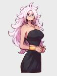  1girl android_21 bare_shoulders black_dress blue_eyes collarbone dragon_ball dragon_ball_fighterz dress earrings glasses grey_background hair_between_eyes hoop_earrings jewelry kemachiku long_hair looking_at_viewer majin_android_21 pink_hair simple_background solo 